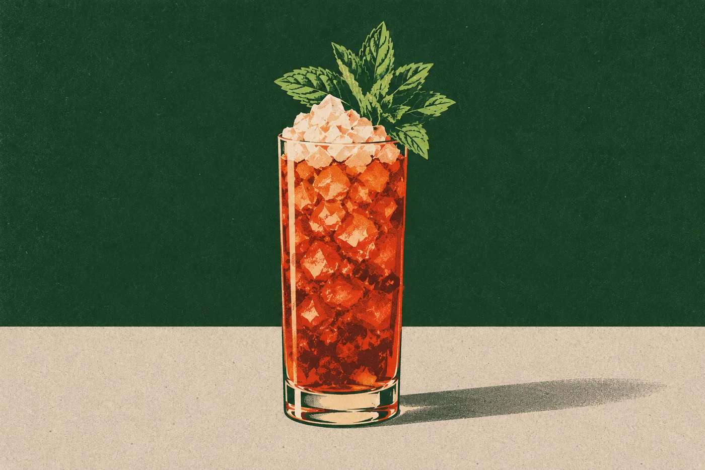 Zombie Cocktail im hohen Glas auf Crushed Ice, garniert mit einem Minzzweig