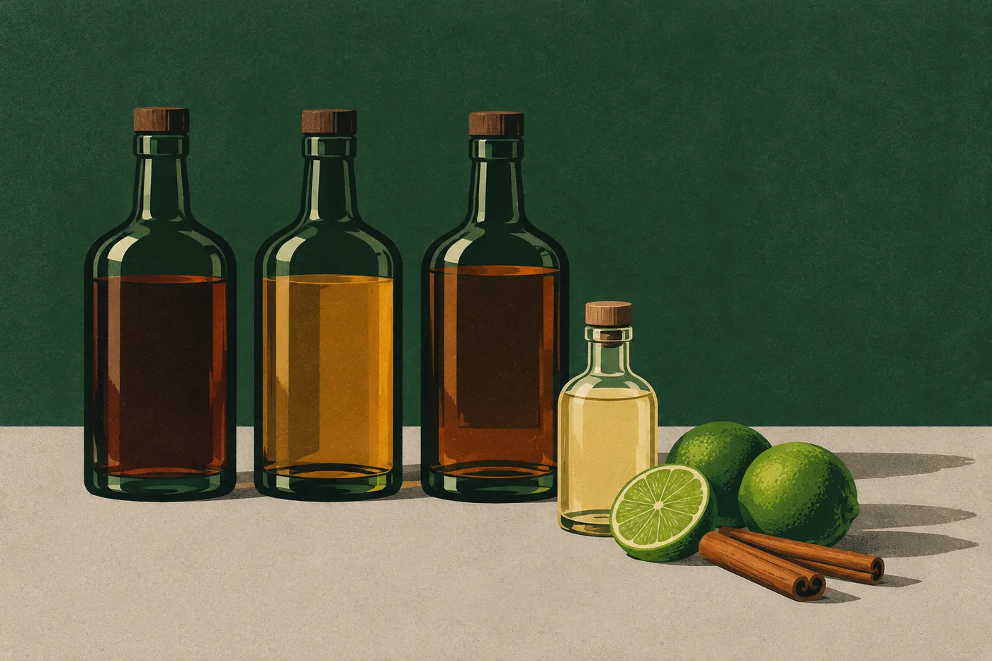 Zutaten für den Zombie Cocktail: drei Rumflaschen, Falernum, Limetten und Zimtstangen