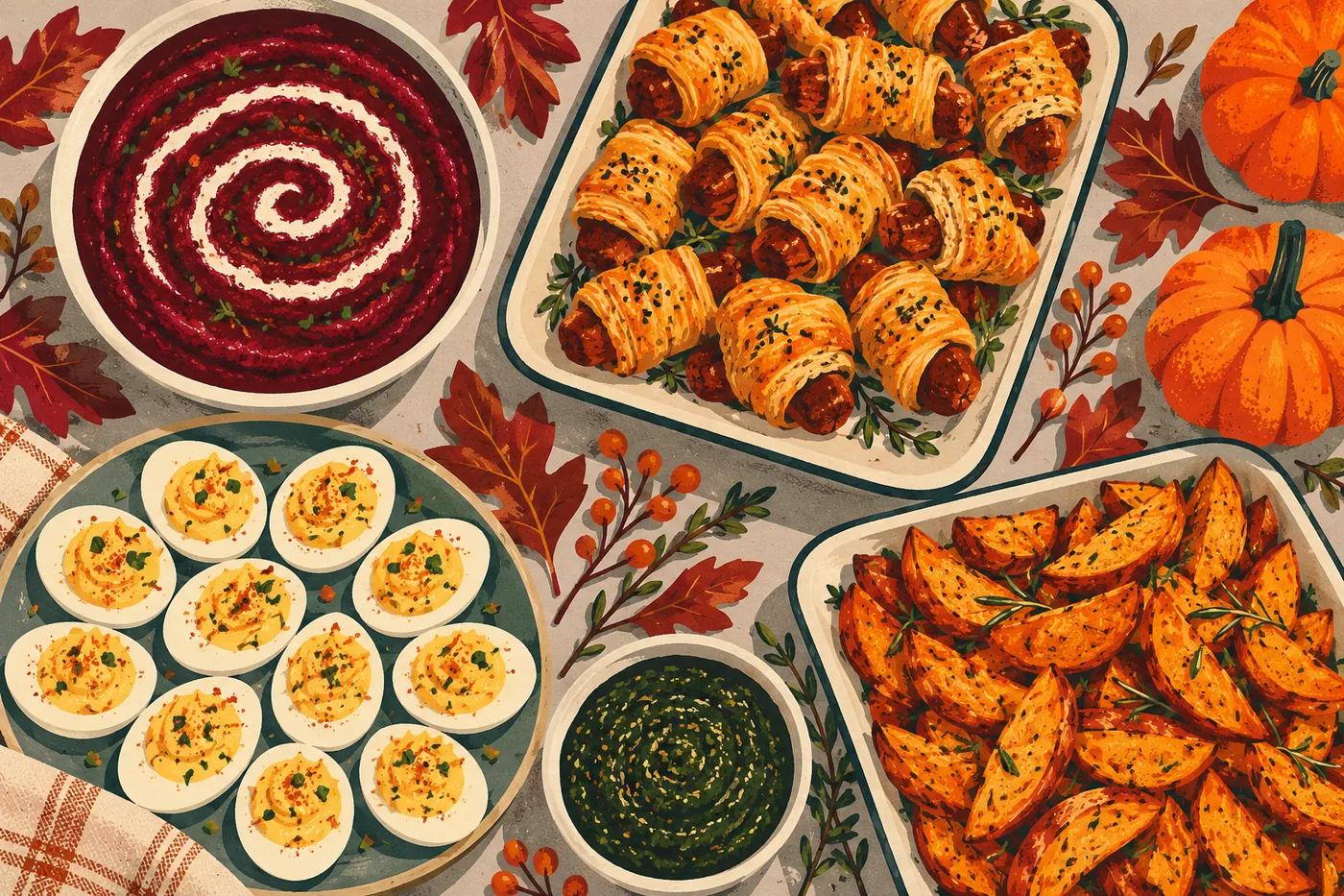 Halloween-Snacks auf dem Buffet von oben: Spinnennetz-Dip, Mumien aus Blätterteig und Kartoffelspalten Halloween-Snacks auf dem Buffet von oben: Spinnennetz-Dip, Mumien aus Blätterteig und Kartoffelspalten