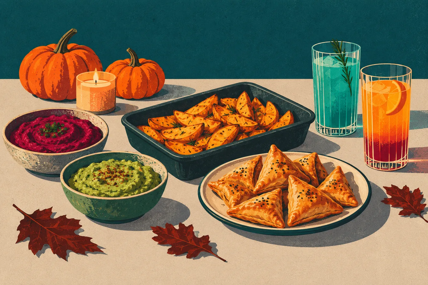 Halloween-Snacks auf einem Tisch: Mumien aus Blätterteig, Spinnennetz-Dip und gefüllte Eier