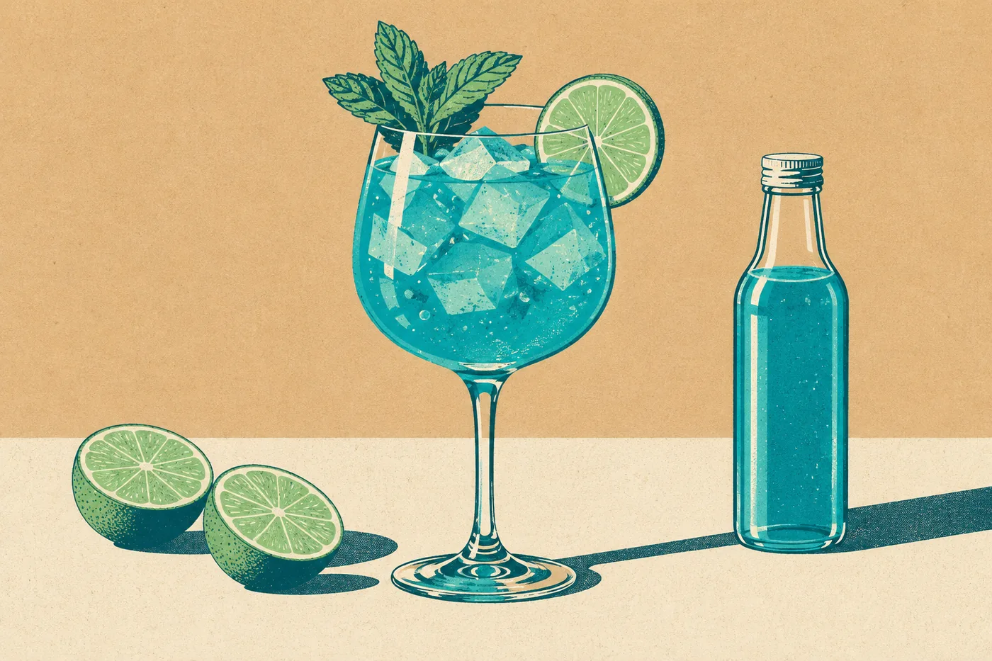 Blauer Cocktail alkoholfrei im Weinglas mit Eis, Minze und Limettenscheibe
