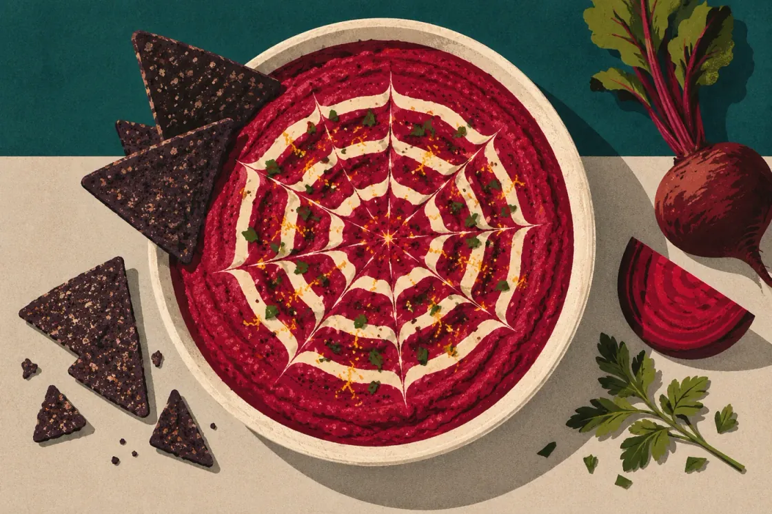 Halloween-Snacks: Spinnennetz-Dip aus Roter Bete Halloween-Snacks: Spinnennetz-Dip aus Roter Bete